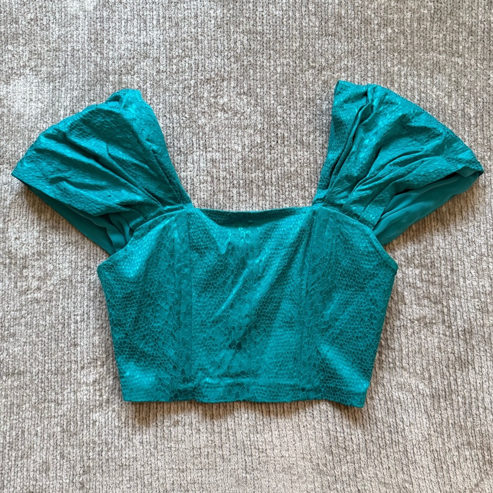 Rotate Birger Christensen Teal Puff Sleeve Lace Crop Top 4 Turquoise Evening